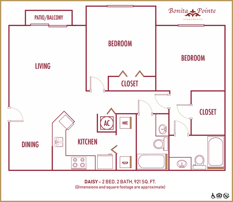 Floor plan for 2 beds, 2 baths, 921 sqft